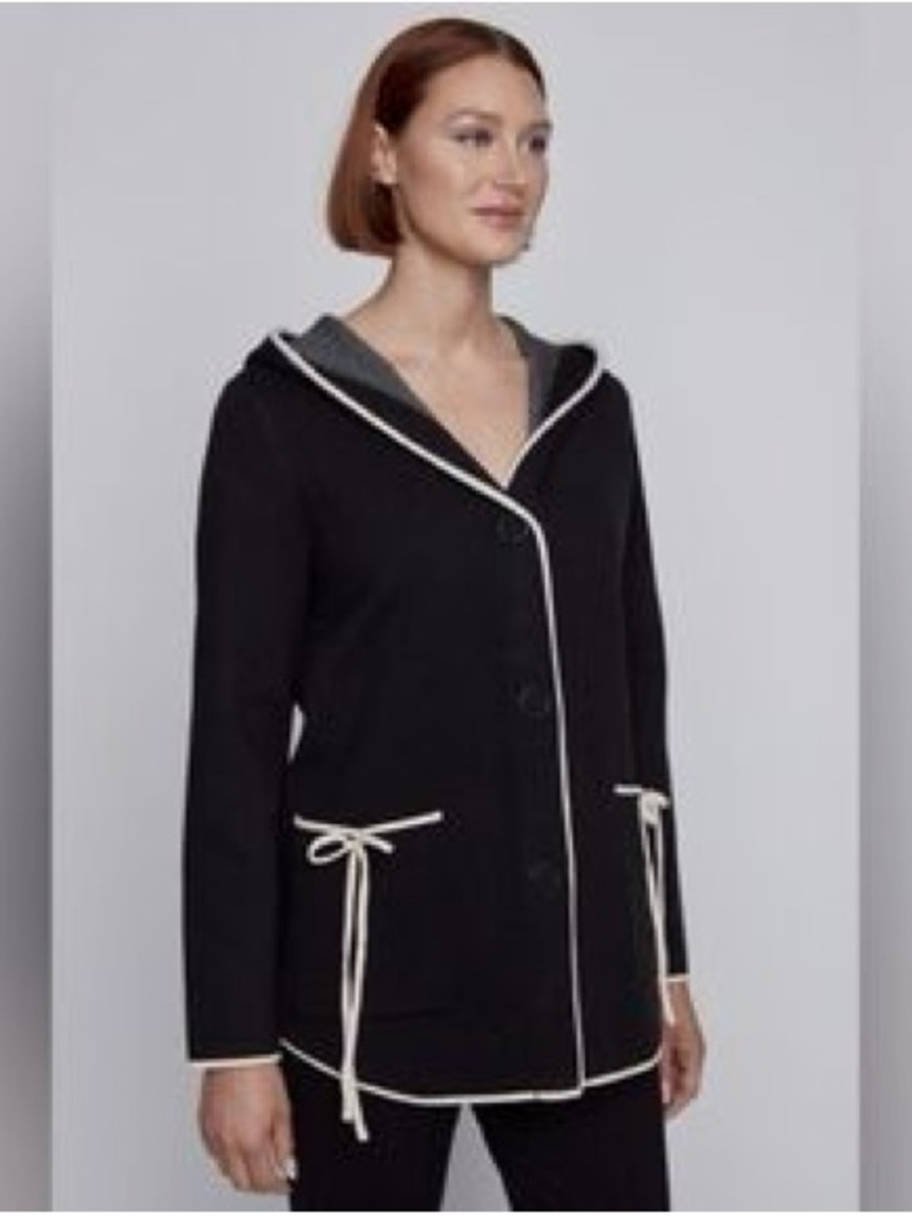 Black Hooded Knit Cardigan with Contrast Trim by Coco Y Club Size XS